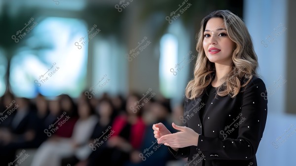 An image of a woman wearing black clothing, standing in front of an audience. She appears to be giving a speech or presentation. The background shows people seated in a conference or seminar-like setting.