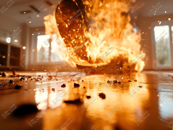 An image showing a fire inside a closed room. Flames are rising on the floor, which is wet with scattered debris, reflecting orange and golden lights on the surface. In the background, large windows are illuminated by sunlight, creating a contrast between the turbulent interior and the calm outside.