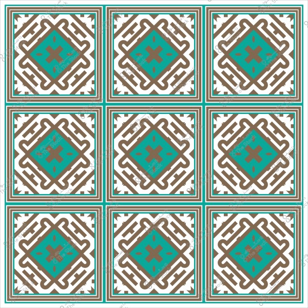 تصميم فسيفساء بإطار بني وزخارف هندسية بالأزرق الفيروزي والأبيض والبني.