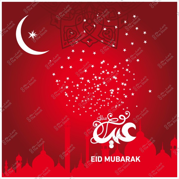 صورة تحتوي على هلال ونجوم مزخرفة على خلفية حمراء, مع كتابة \"عيد مبارك\" باللغتين العربية والإنجليزية.