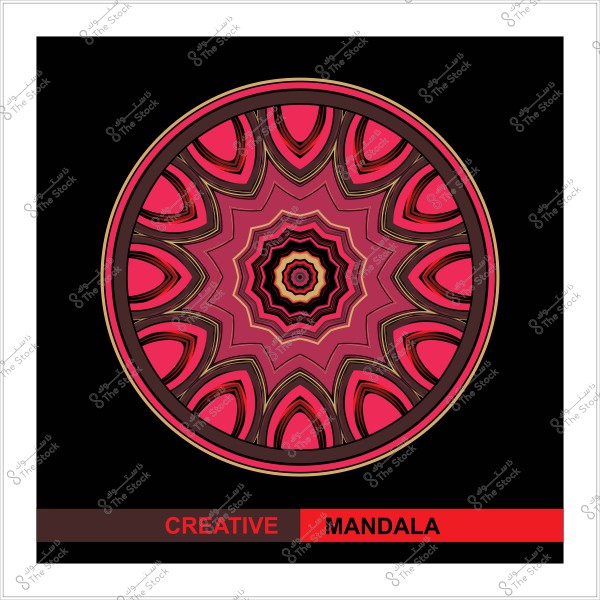 تصميم ماندالا ملون بألوان زهرية وحمراء مع خلفية سوداء وكلمات "CREATIVE MANDALA" في الأسفل.