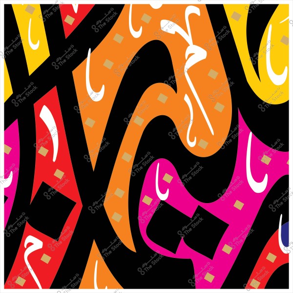 لوحة تجريدية ملونة تتضمن أشكالاً وانحناءات هندسية بألوان زاهية مثل الأحمر والبرتقالي والوردي والأصفر, وخطوط متعرجة باللون الأسود مع بعض علامات الخط العربي بالأبيض والتي تمنح الصورة طابعاً فنياً حديثاً.

-