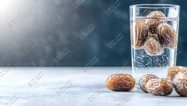 A glass cup containing water and floating dates, with some dates scattered outside the glass on a smooth surface. The background is cloudy with subtle lighting effects.