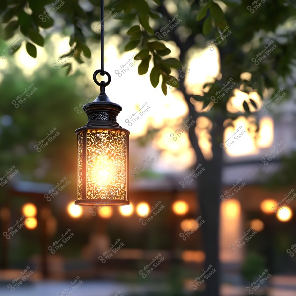 A decorative metal lantern hangs from a tree with a golden light illuminating the evening. The background is blurred, showing other lanterns and trees in a serene garden or courtyard.