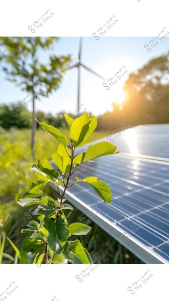 An image of a green plant in front of a solar panel in a sunny field, with a wind turbine in the background under a blue sky with bright sunlight.