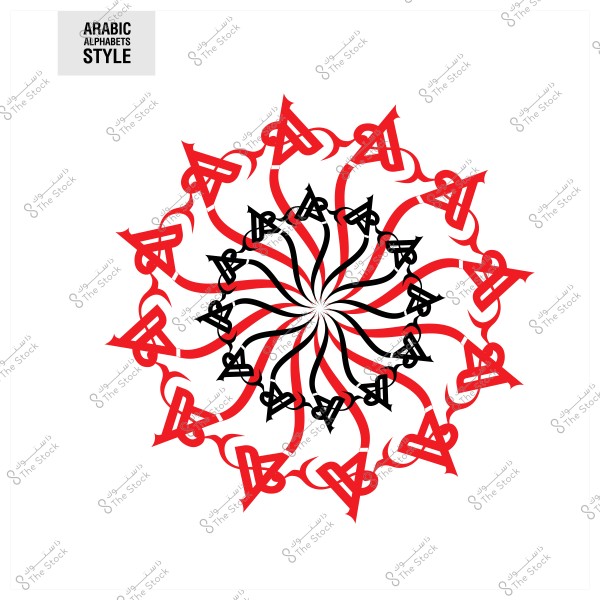 تصميم دائري بالخطوط العربية التقليدية بألوان حمراء وسوداء.