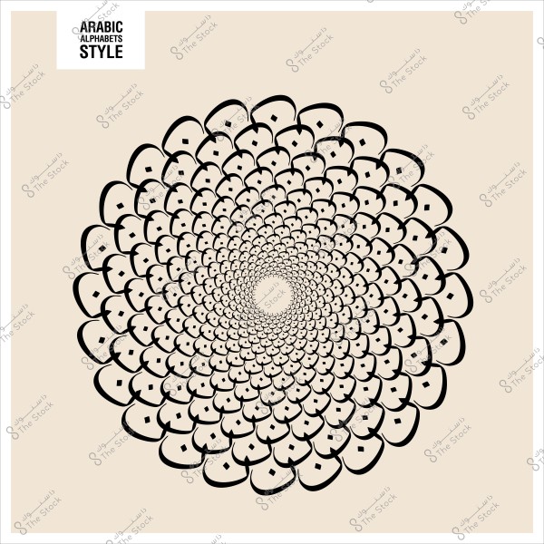 نمط دوامة من الأحرف العربية مرتبة بشكل متناسق ودائري بخط أسود على خلفية بيج.