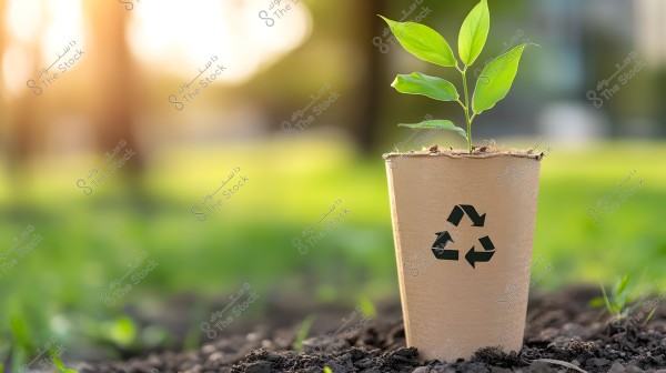 An image of a small green plant growing in a brown paper cup adorned with a black recycling symbol. The cup is placed in fertile soil with a blurred background of a garden or natural sunny setting during the day.