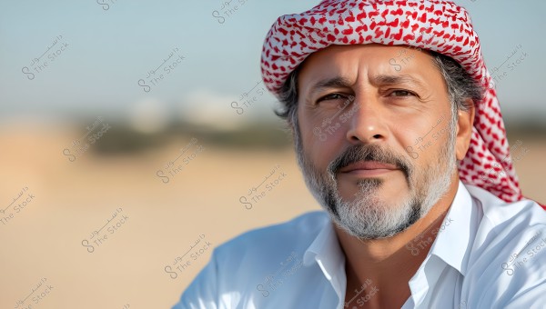 A portrait of a man wearing a white and red keffiyeh, with a short beard and grey hair. He is dressed in a white shirt, set against a blurred background that appears to be a desert area.
