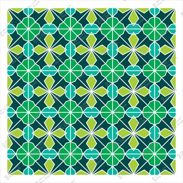 تصميم هندسي إسلامي بألوان خضراء وزرقاء, يتكون من نمط متكرر من الأشكال الهندسية المتداخلة مع خطوط بيضاء فاصلة.
                            
-