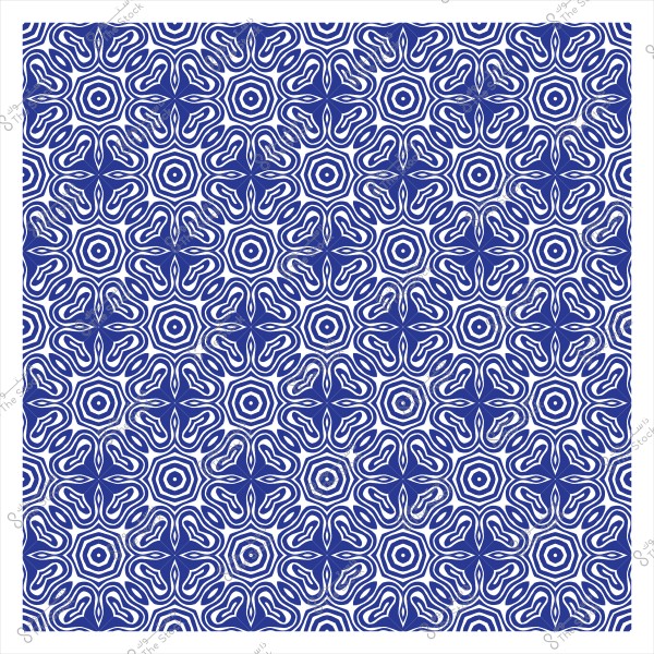 A geometric blue and white pattern featuring repeating shapes and symmetrical motifs.