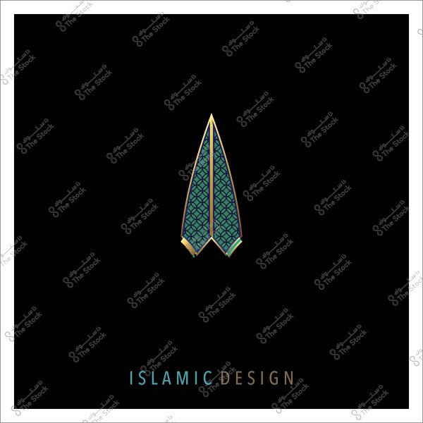 Islamic design featuring a geometric decorative pattern in green and gold on a black background.