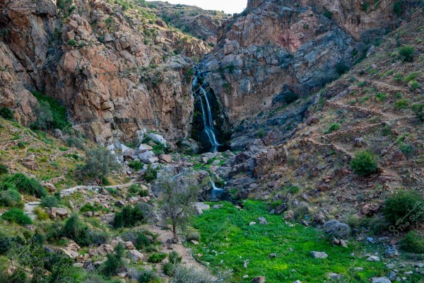 An image showing waterfalls cascading from rocky cliffs in a mountainous valley, surrounded by scattered green vegetation and small trees. The rocks appear rugged with varying shades of brown and gray. Grass and green plants grow densely around the waterfall area.