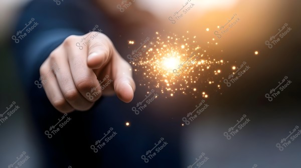 An image of a hand pointing towards a bright light source made up of glowing particles. The hand is prominent in the image with a soft, warm-colored blurred background.