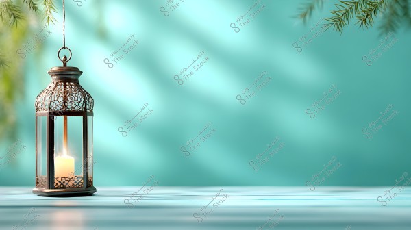 مصباح معدني مزخرف معلق يحتوي على شمعة مضاءة, الموضوع على سطح خشبي أملس. الخلفية بألوان زرقاء ناعمة مع ظلال أوراق نباتية في الزاوية العلوية اليمنى.