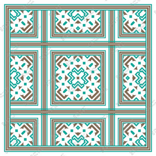 تصميم هندسي متماثل بألوان بني وأزرق وأبيض يظهر نقشًا تقليديًا معقدًا.