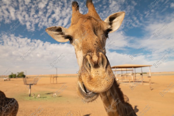 A close-up image of a giraffe\'s face in an open desert environment. The sky is blue with scattered clouds, and in the background, wooden structures and a few trees are visible.