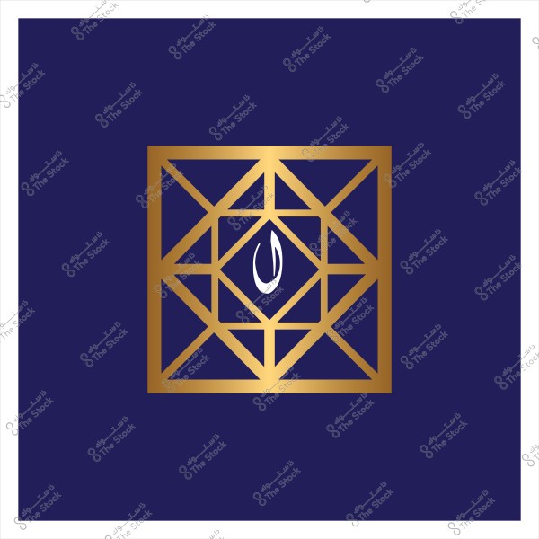 A design with a dark blue background featuring a geometric pattern in gold composed of interlocking lines forming squares and triangular shapes. At the center of the design, there is a geometric shape containing a form resembling the Arabic letter \"N\" in white.