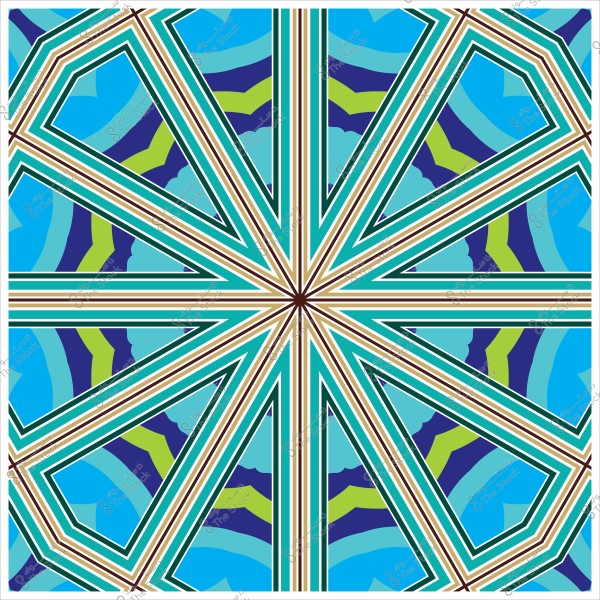 تصميم هندسي مزخرف بألوان زرقاء وخضراء وبنية, يشكل نمط نجمة مركزية متكررة.