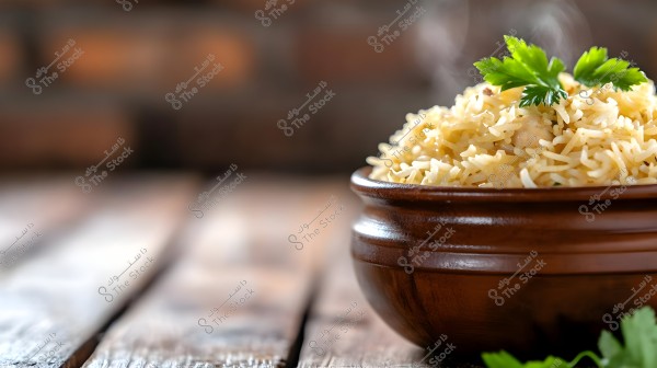 Image of a wooden bowl filled with beautifully cooked rice, garnished with green parsley leaves. Steam is rising from the warm rice in the foreground, while the background is blurred with a hint of brick and warm brown tones.