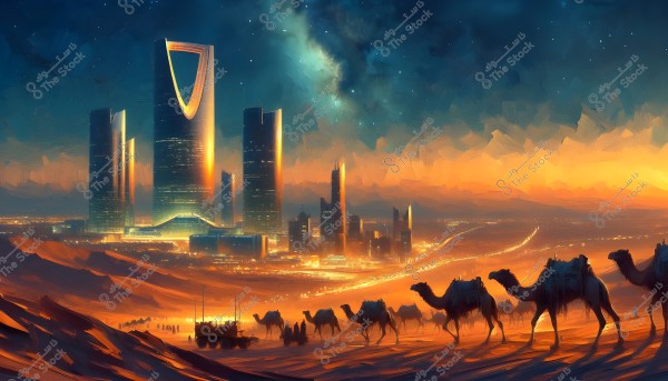 A digital painting of a modern city inspired by Saudi Arabian style with tall skyscrapers under a cloudy sky illuminated by the glow of the sunset. In the foreground, a caravan of camels is walking across the red sands with a group of people in traditional clothing. The scenery merges contemporary architectural designs with a traditional desert atmosphere.