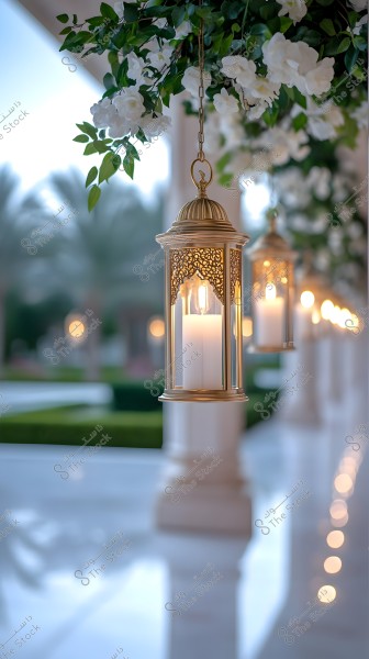 An image of a hanging golden lantern with intricate decorative patterns, containing a lit candle. The lantern is surrounded by white flowers and green leaves. The background features a blur of palm trees and a pathway illuminated with soft lights, creating a calm and enchanting atmosphere.