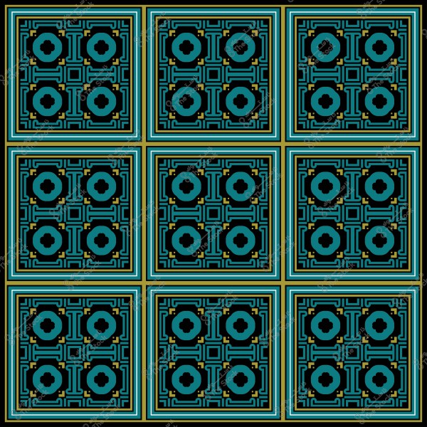 تصميم زخرفي هندسي يتكون من بلاطات مربعة تحتوي على أشكال هندسية وزهور داخلها بألوان زرقاء وخضراء وخطوط سوداء.