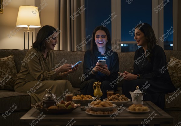 An image of three women sitting on a couch in a warmly lit living room. The women on the right and middle are wearing dark-colored clothes, while the woman on the left is dressed in beige. They are all smiling and looking at their mobile phones. On the table in front of them is a selection of traditional foods and drinks like tea.