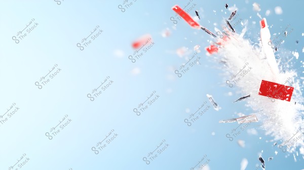 An image showing an explosion with scattered debris in the air against a blue background. The pieces appear to be plastic or metal with some red colors, and the dispersion of particles conveys a sense of movement and force.