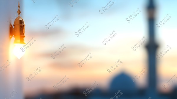 The image shows a golden lantern attached to a wall, glowing in the evening. In the blurred background, there is a mosque\'s minaret and dome, with a sky painted in twilight colors.