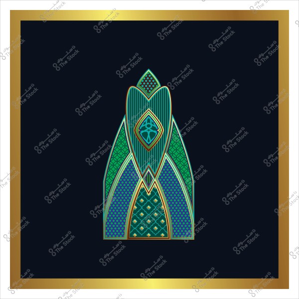 تصميم هندسي بألوان خضراء وزرقاء وذهبية على خلفية داكنة, محاط بإطار ذهبي.