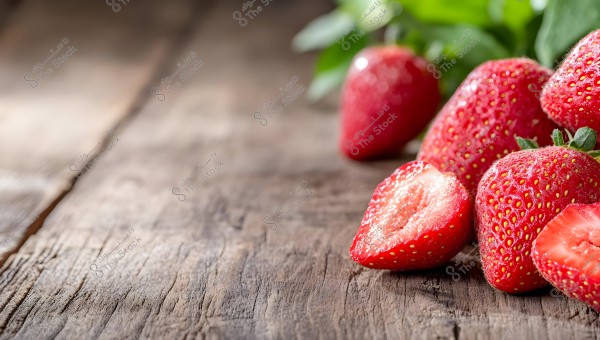 Image of fresh and glossy strawberries placed on a wooden surface. Several whole strawberries and halved ones are prominently displayed, featuring detailed textures and small yellow seeds, suggesting freshness and deliciousness. Blurred green leaves are in the background.