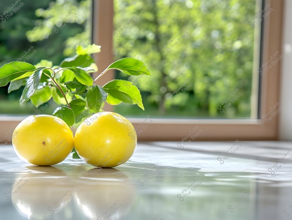 Two yellow lemons placed on a shiny surface in front of a large window. Lush green leaves extend from the sides of the lemons, with a blurred outdoor background showcasing green gardens.