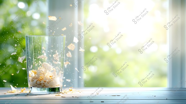 An image of a clear glass containing floating particles and fragments, suspended in mid-air. The background is a blurred green, representing an open window to nature during daylight, conveying a sense of freshness and nature.