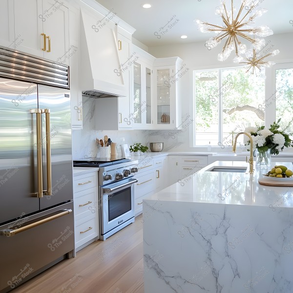 A modern, elegantly designed kitchen featuring white cabinets with glass doors and gold handles. The kitchen includes a large stainless steel refrigerator with gold accents, a built-in oven, and a marble island with an integrated sink and gold-handled faucet. The countertop is decorated with white flowers and fresh produce. A contemporary chandelier with sparkling lights adds elegance, while large windows overlook outdoor trees.