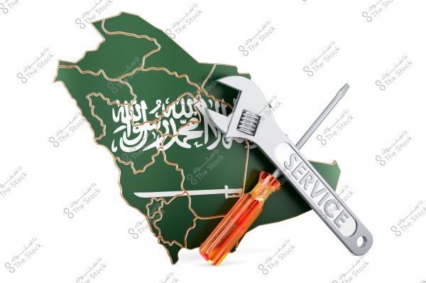 An image featuring a 3D map of Saudi Arabia in green, displaying the Saudi flag with the declaration of faith and a sword. Next to the map, there is an adjustable wrench and an orange screwdriver. The wrench has the word \"SERVICE\" written on it, symbolizing the importance of maintenance and services.