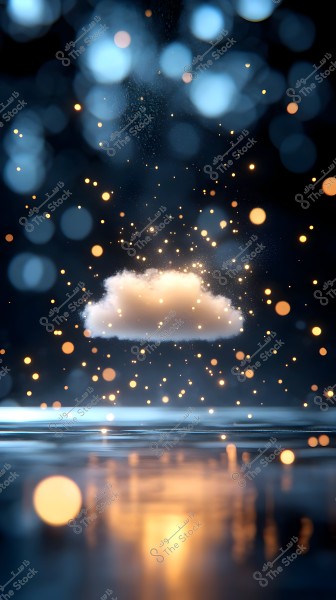 An image of a small glowing cloud in the center of a fantasy scene. The cloud is surrounded by many twinkling lights on a dark background with a bokeh effect, giving the impression of enchantment or night-time magic.