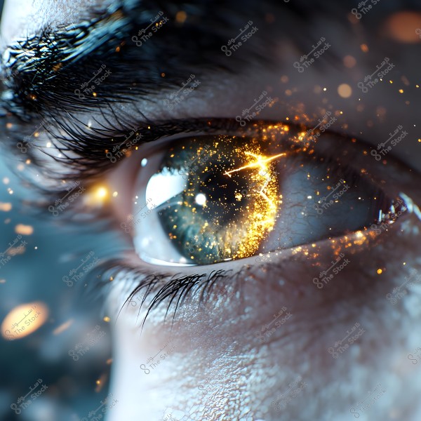 A close-up image of a human eye showing the details of the eyelashes, eyebrow, and surrounding skin. Within the eye, there is a reflection of golden lights and sparkles resembling stars or radiant particles. The colors range from gold to light blue, adding a magical and mysterious touch to the image.