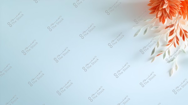 An image of colorful paper art shaped like flowers and leaves on a light blue background. The leaves and flowers are crafted in a three-dimensional design with orange and white colors, elegantly arranged descending from the top right corner of the image.
