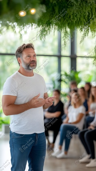 A man standing at the front of a modern, naturally lit room, wearing a white t-shirt and blue jeans. In the background, there is a group of seated people, and the room features green plants and a natural view from the windows.
