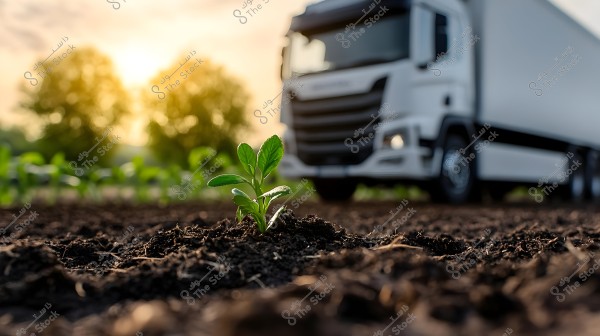Image of a small plant growing in the soil, with a large white truck slightly out of focus in the background. Green trees and a glowing sunlight are also visible in the horizon, creating an atmosphere of growth and fertility.