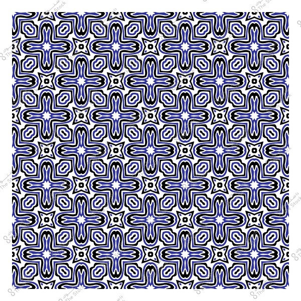 نمط هندسي متموج باللونين الأزرق والأسود, يتكون من تكرارات لأشكال متقاطعة وزخارف نجوم على خلفية بيضاء.