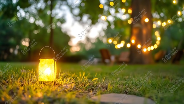 A glowing lantern on green grass in a garden, with twinkling string lights hanging from a tree in the background. Wooden chairs are visible in the distant background under the warm glow of sunset.