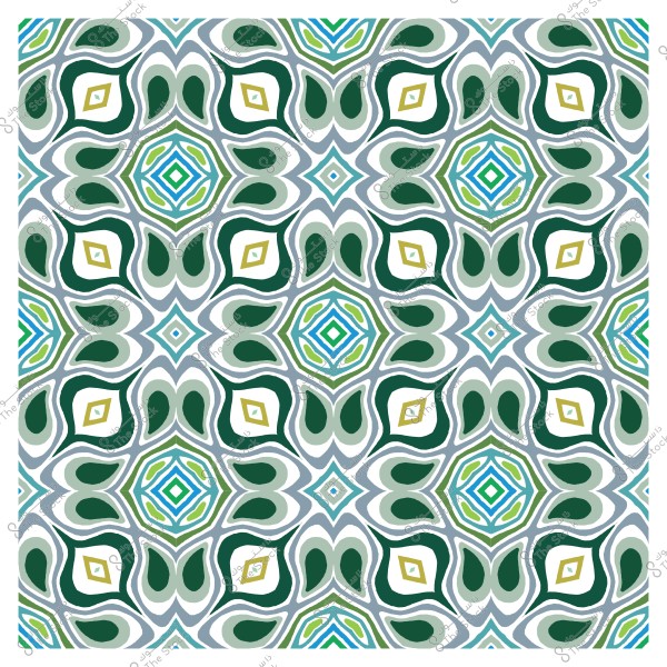 Symmetrical geometric pattern in green, blue, and white colors, featuring an intricate design resembling Islamic motifs.