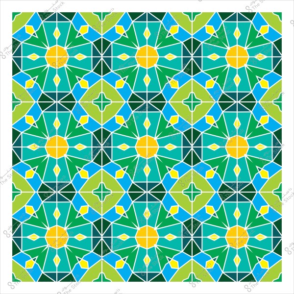 تصميم زخرفي هندسي ملون بألوان خضراء وزرقاء وصفراء, يمثل نمطاً إسلامياً تقليدياً متكرراً بأشكال نجمية ومثلثات متداخلة.
-