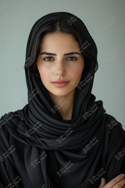 A portrait of a woman wearing a black hijab. The background is neutral, highlighting the details of the hijab and the woman\'s calm expression. This appears to be part of a portrait shoot.