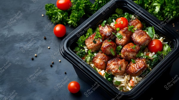 The image shows a meal packaged in a black plastic container, featuring brown meatballs that appear grilled, garnished with fresh parsley. The meatballs are placed over white rice mixed with vegetables such as broccoli and small cherry tomatoes. There are additional cherry tomatoes and some parsley visible on a gray surface next to the prepared meal.