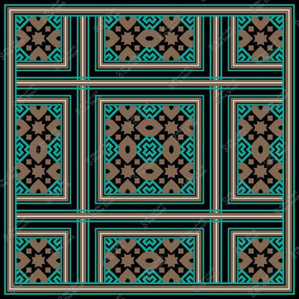 تصميم هندسي متماثل بألوان البني والأسود مع أشكال زرقاء وزخارف متداخلة.