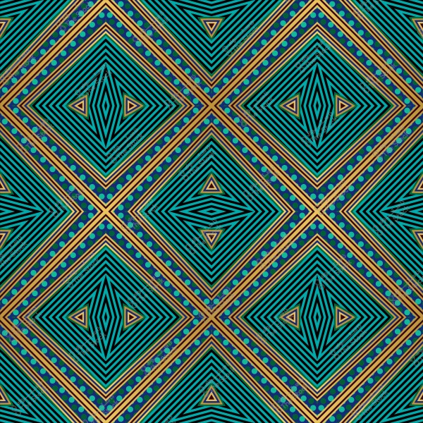 A geometric pattern with blue and gold colors featuring repeated square and inner triangle shapes.
