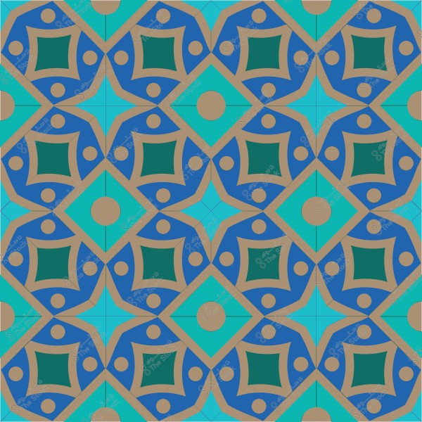 تصميم هندسي بألوان زرقاء وخضراء وبنية بتشابك أنماط دائرية ومربعة.